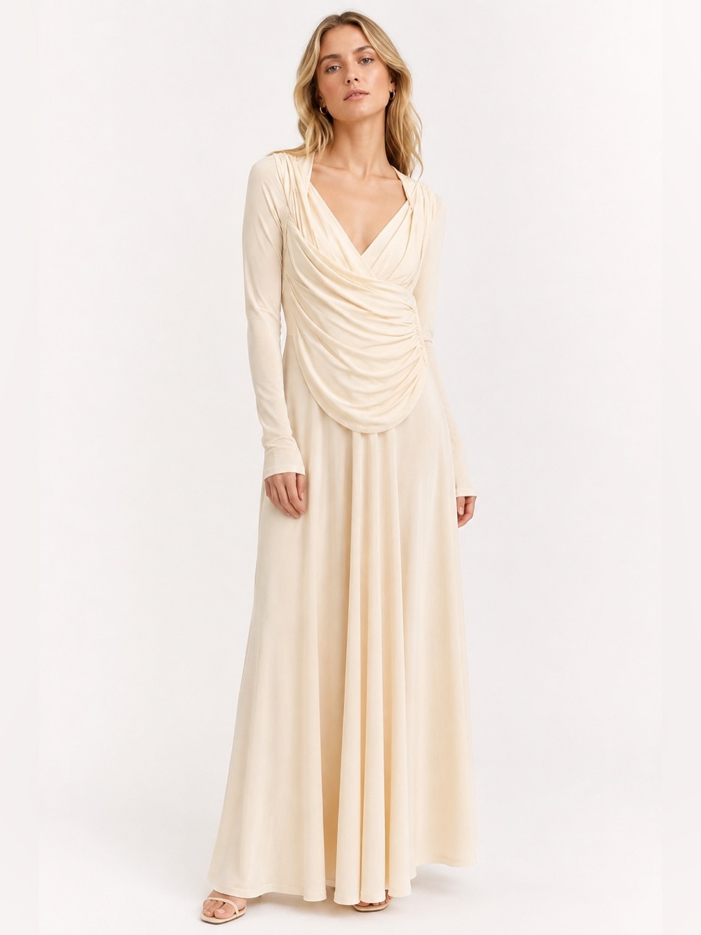 🤍Proenza Schouler Cream Draped Ruched V-Neck Long Sleeve Maxi Dress🤍